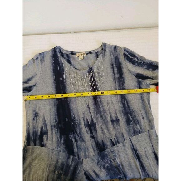 One World Womens Shirt Medium Gray Blue Short Sleeve V Neck Sequin Rayon Tee - Picture 9 of 15